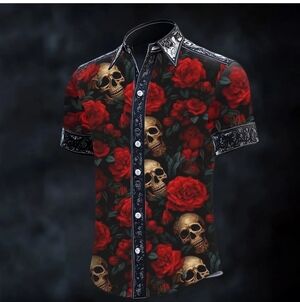 Skull & Roses Collared Button Down 2XL (Runs Small)